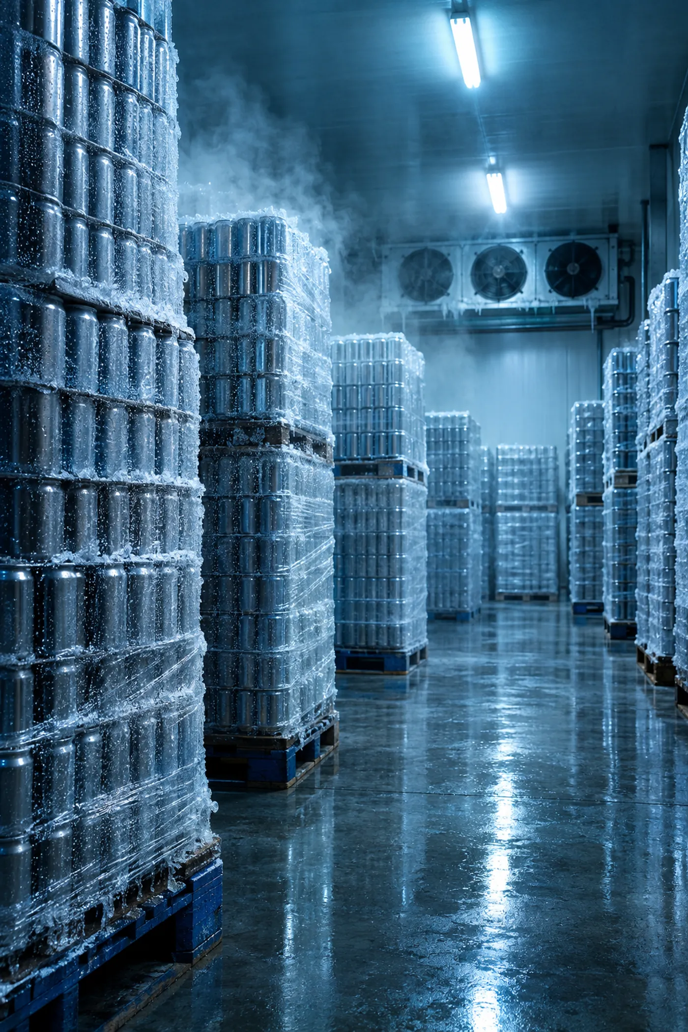 Refrigerated cold storage room with frost-covered pallets of cans