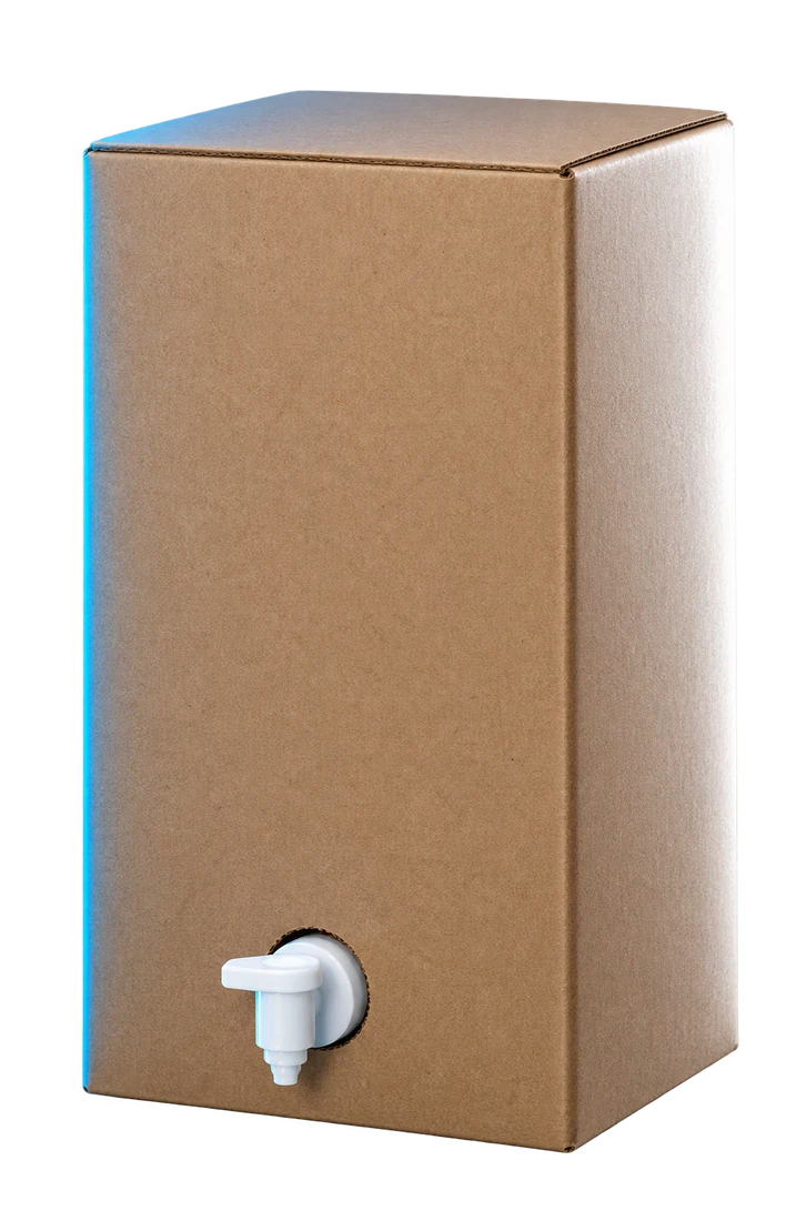 Unprinted bag-in-box carton with dispensing tap, shown blurred because the shelf-stable line is still being built