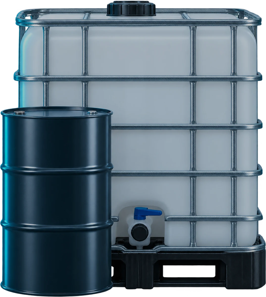 275-gallon IBC tote and 55-gallon drum for bulk cold brew