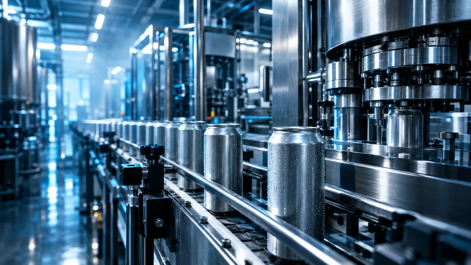 Aluminum cans moving along a stainless steel canning line