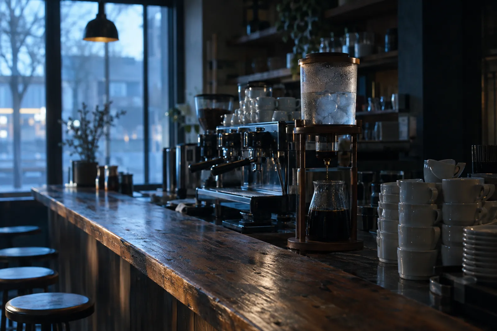An independent coffee shop counter at dawn with a cold brew tower